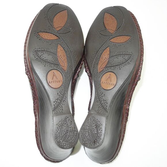 Clarks Artisan Brown Leather Wedge Mules Decorative Stitching - Women's Size 8.5 - Picture 7 of 9